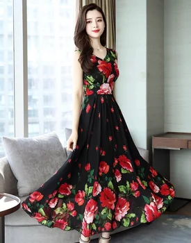2021 Popularno Ljetno modni duga haljina s cvjetnim ispis bez rukava haljina Трапециевидное