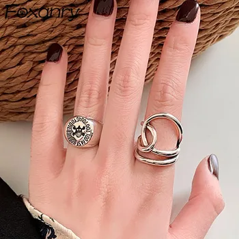 Foxanry 925 Sterling Srebra Podesivi Prsten za Žene Parovi Vintage Ručni Rad Križ Geometrijski Ukras na rođendan Pokloni