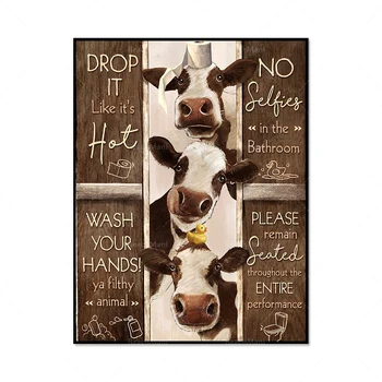 Smiješno koza, crna mačka, krava, svinja, magarac je plakat s pravilima kupaonica, zidnih umjetnost kupaonica, art print za ukrašavanje zidova kupaonice na farmi