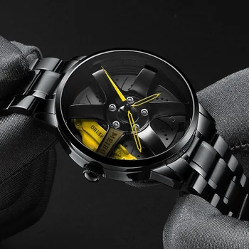 Moderan sportski muški sat 2021 Kvarcni ručni sat od nehrđajućeg čelika Za muškarce Dizajn kotača Gospodo cool satovi Poklon Crna reloj hombre