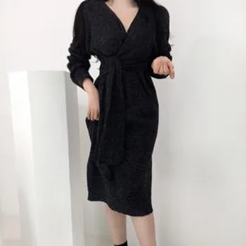 2021 Korejski dugu haljinu-džemper s pojasom za žene elegantan meko toplo вязаное haljina Ženska moda zima негабаритное debelo вязаное haljina