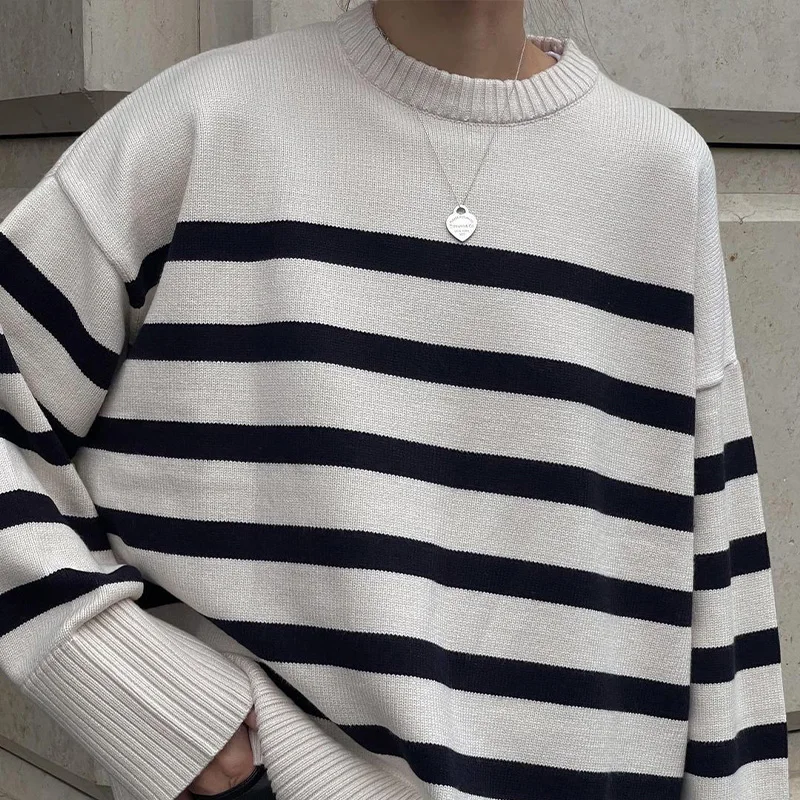 ZA Vruće rasprodaja dugi rukav okrugli izrez bijela i crna boja ženska moda casual pletene džemper Slika  0