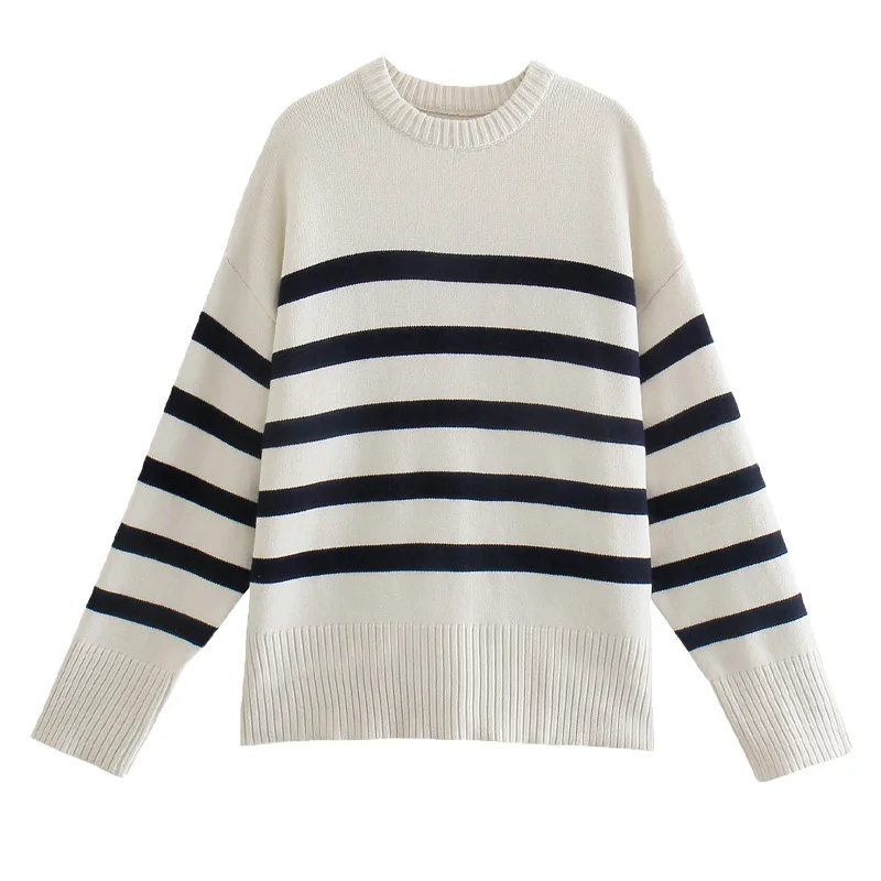 ZA Vruće rasprodaja dugi rukav okrugli izrez bijela i crna boja ženska moda casual pletene džemper Slika  2