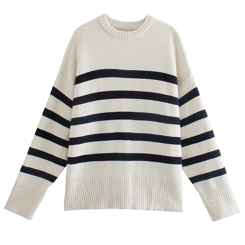 ZA Vruće rasprodaja dugi rukav okrugli izrez bijela i crna boja ženska moda casual pletene džemper Slika  4