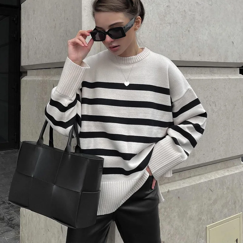 ZA Vruće rasprodaja dugi rukav okrugli izrez bijela i crna boja ženska moda casual pletene džemper Slika  5