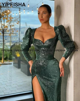 Yipeisha Haljinu za prom s dugim rukavima i svjetlucavo Zeleno večernja haljina Sirena s prorezom Seksi večeri vjenčanicu Vestido de Festa