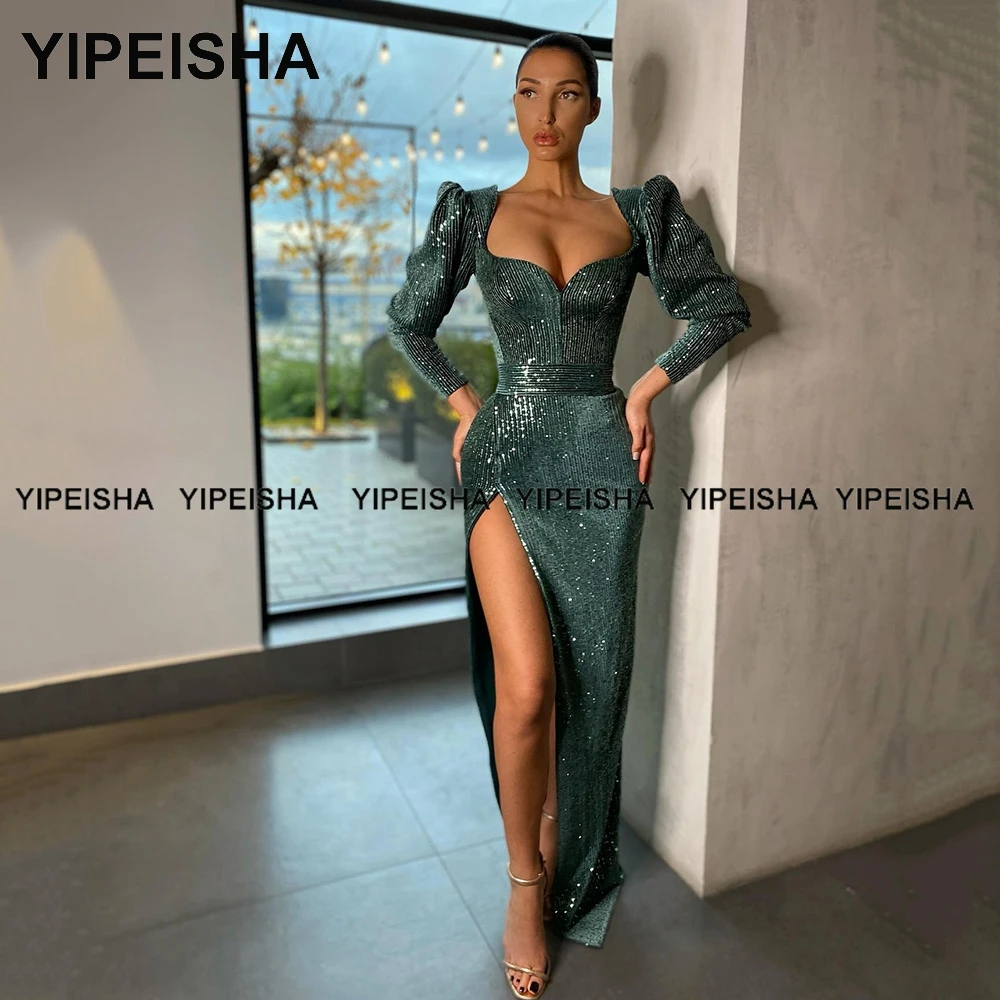 Yipeisha Haljinu za prom s dugim rukavima i svjetlucavo Zeleno večernja haljina Sirena s prorezom Seksi večeri vjenčanicu Vestido de Festa Slika  2