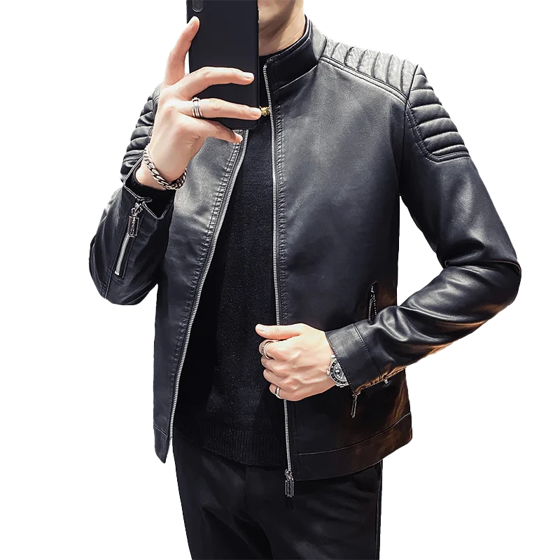 2021 Proljeće muške jakne-бомберы Modni muški kaput od umjetne kože na munje Kaput Motorni Moto jakna Muška odjeća za Bicikliste Slika  4