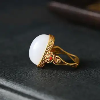 Nezavisni dizajn prirodni хетианский bijeli žad uzorak od šuplje zlatne ovalnim otvorom podesiv prsten u palači stilu ženski nakit