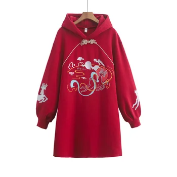 Zimski Kineska Nova Godina Tan Plus Baršun s kapuljačom dugih rukava Debeli Crveni Чонсам Kineski Stil Vezene majica Haljina za žene