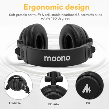 MAONO Profesionalni DJ Studijski Monitor Slušalice na uho i Izmjenjivi Priključak i kabel s 50 mm, program za DJ Studio a AU-MH601