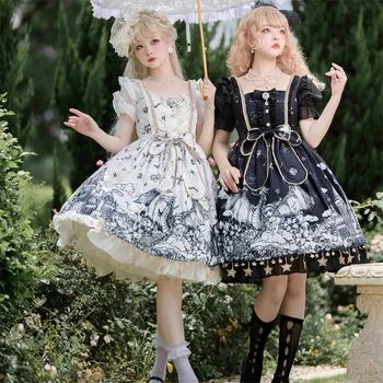 Japanska Ljeto Sweet Lolita je Blaga Djevojka Loptu haljina Haljina Kawai Gotička Print Luk Sladak Raskošan Rukava Držači nabora Haljine Ženske