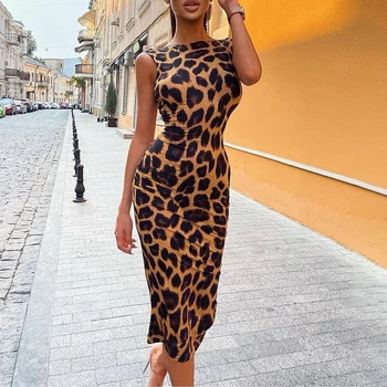 2021 Funky godišnja ženska Svakodnevni s okruglog izreza Maksi haljina s otvorenim leđima s po cijeloj površini Gepard bez rukava s otvorenim leđima midi i Maksi haljina
