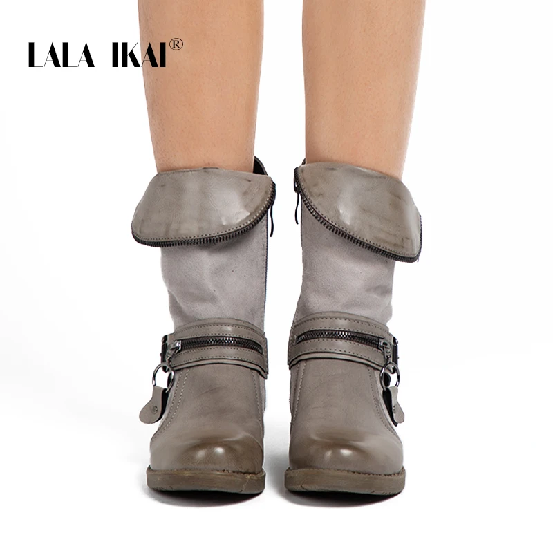 LALA ИКАЙ Munja umjetna koža ženske zapadne cipele pune Cijele čarapa baršun ženske zimske čizme ravnim cipelama Modne 014A2191 -4 Slika  0