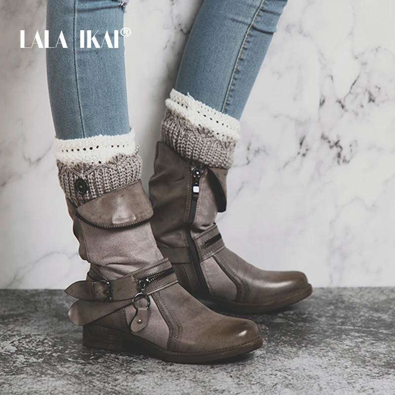 LALA ИКАЙ Munja umjetna koža ženske zapadne cipele pune Cijele čarapa baršun ženske zimske čizme ravnim cipelama Modne 014A2191 -4 Slika  3