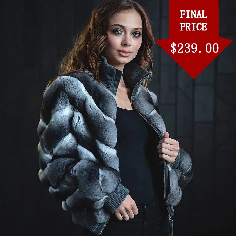 Činčila Boja kaput Ženska Svakodnevni jakna-бомбер Zima topla Moda Kaput od krzna zeca Rex Slika  2