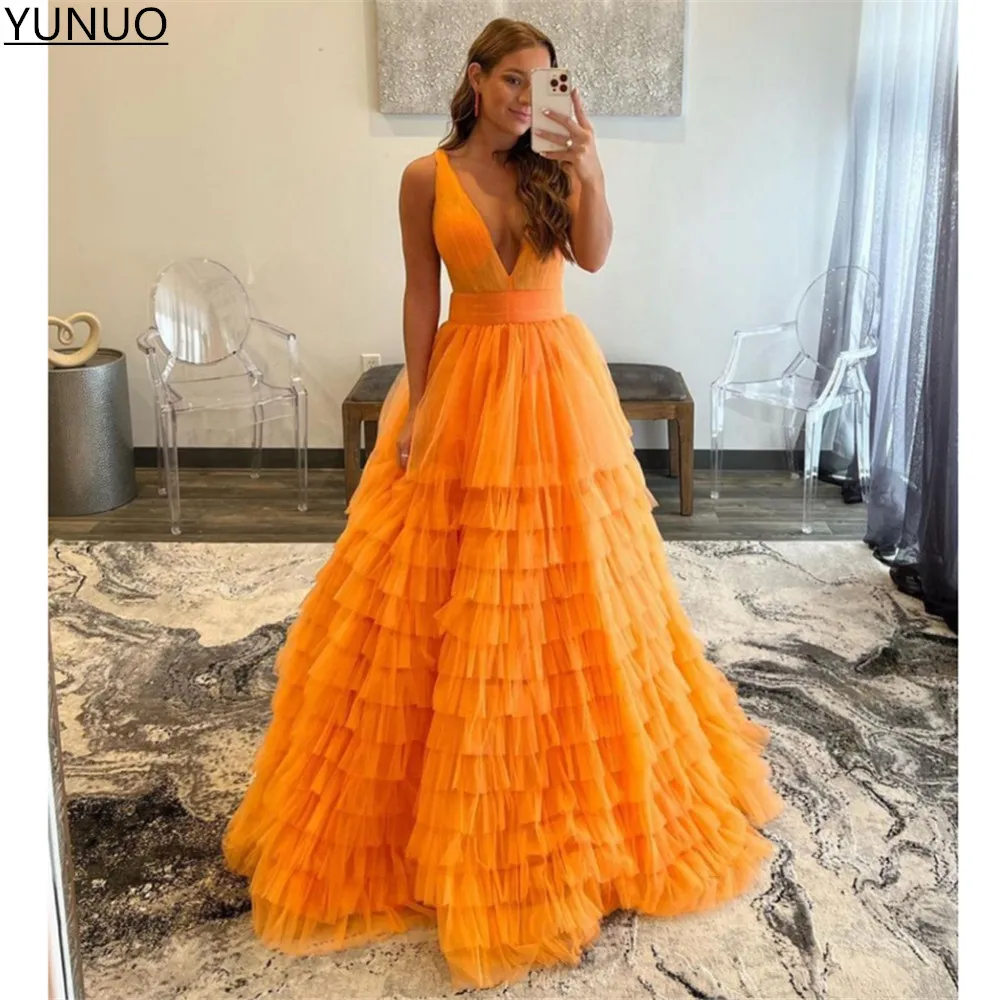 YUNUO Narančasta čipka Višeslojne suknje Gradacija večernje haljine trapeznog oblika s dubokim V-izrez bez rukava multi-level vestidos elegantne večernje haljine Duge Slika  2