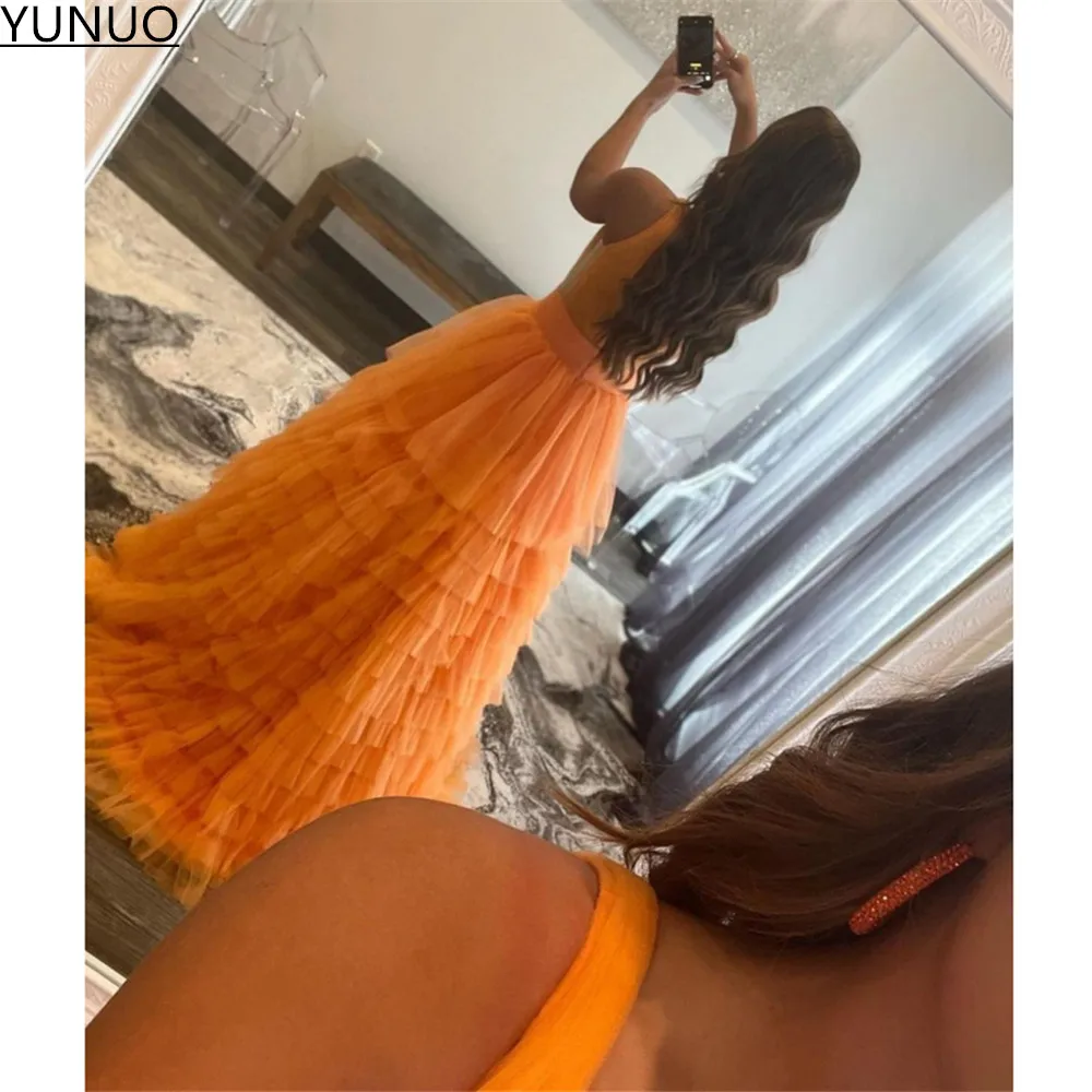 YUNUO Narančasta čipka Višeslojne suknje Gradacija večernje haljine trapeznog oblika s dubokim V-izrez bez rukava multi-level vestidos elegantne večernje haljine Duge Slika  3