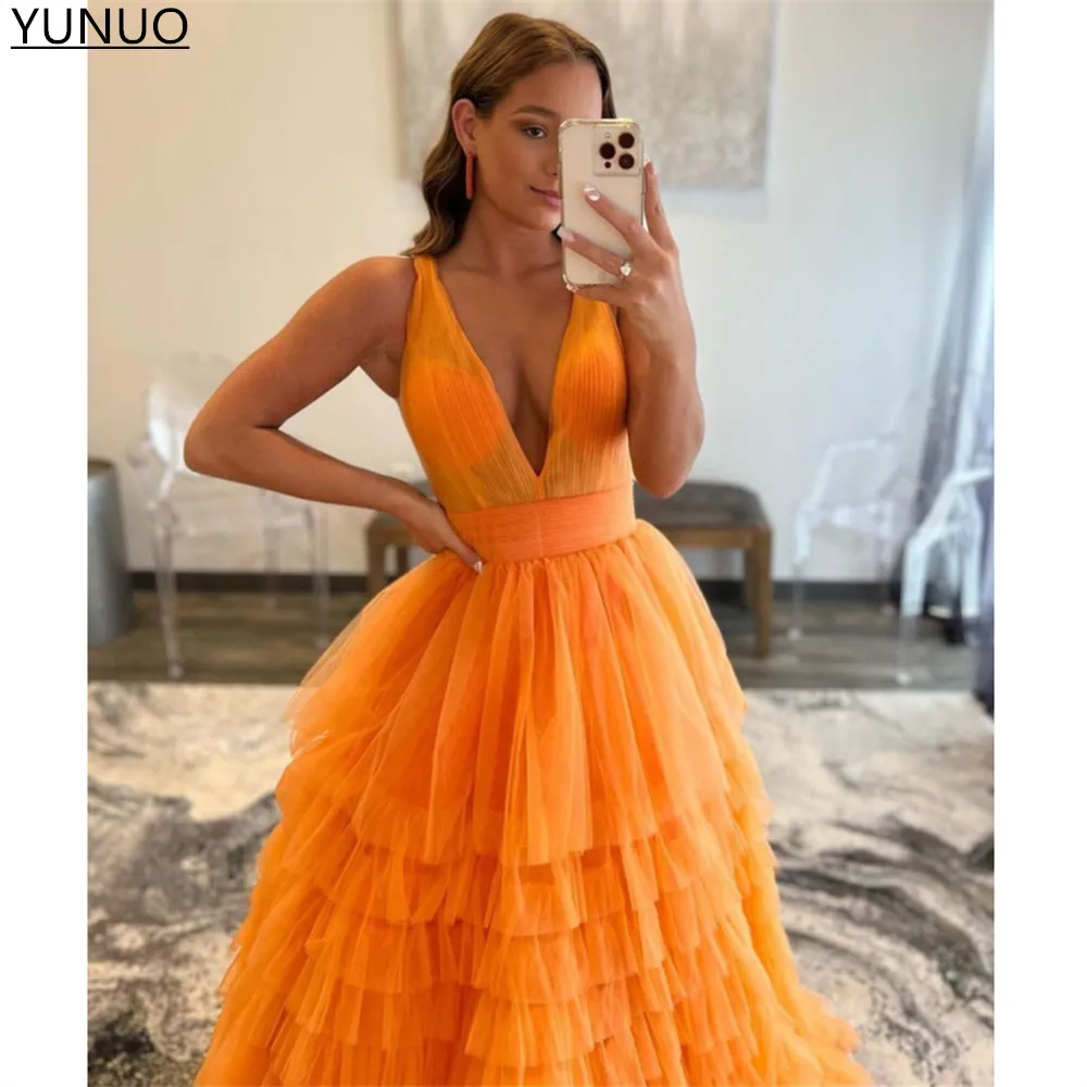 YUNUO Narančasta čipka Višeslojne suknje Gradacija večernje haljine trapeznog oblika s dubokim V-izrez bez rukava multi-level vestidos elegantne večernje haljine Duge Slika  5
