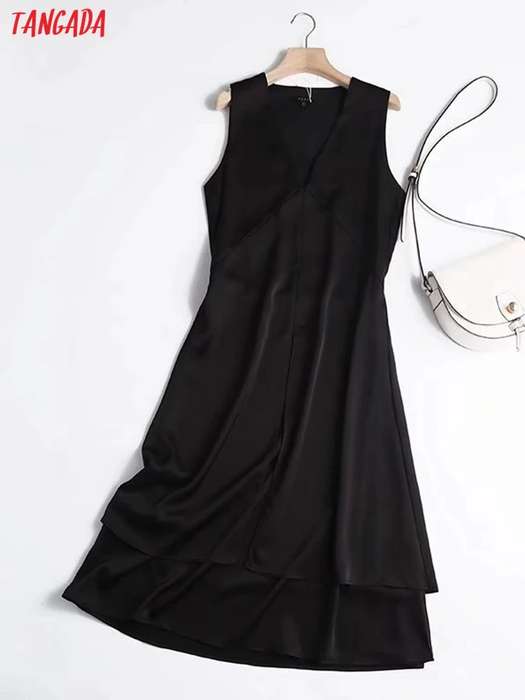 Тангада Donje crna večernja haljina sa volanima Midi haljina bez rukava 2021 Trendy ženske novogodišnje haljine 4C197 Slika  0