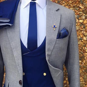 3 Kom Siva Formalni Smoking za muškarce Slim fit custom Muška Odijela Komplet Jakna Royal Plavi prsluk s hlačama 2020 Muški modni odijelo