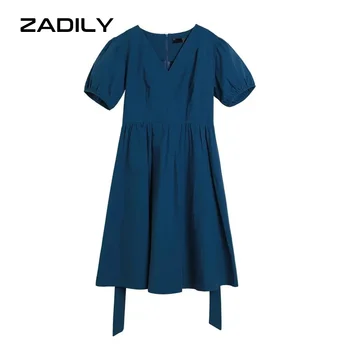 ZADLIY Ocjena se Svakodnevno monotone donje haljinu kratkih rukava i luk Plave ženske mini haljine 2021 Ljeto V-izrez u obliku večernji ogrtač