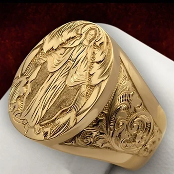 Berba Zlatne Boje Djevica Marija Religija Uzorak Graviranje Prsten za Muškarce Žene Legendarni Mitologija Punk Modni Nakit Poklon