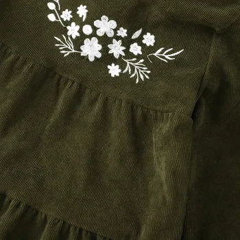 Jesen Zima 2021 Nova haljina za djevojčice dugih rukava i okruglog izreza s izvezenim cvjetnim uzorkom tamno zelene boje Slatka Slatka dječja haljina od 1 do 8 t