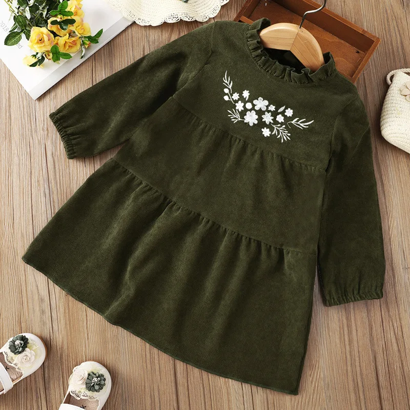 Jesen Zima 2021 Nova haljina za djevojčice dugih rukava i okruglog izreza s izvezenim cvjetnim uzorkom tamno zelene boje Slatka Slatka dječja haljina od 1 do 8 t Slika  1