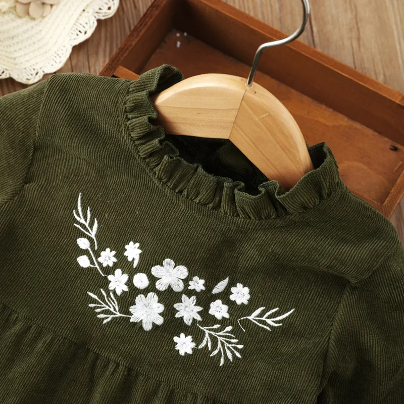 Jesen Zima 2021 Nova haljina za djevojčice dugih rukava i okruglog izreza s izvezenim cvjetnim uzorkom tamno zelene boje Slatka Slatka dječja haljina od 1 do 8 t Slika  2