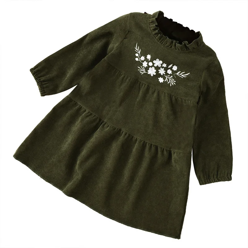 Jesen Zima 2021 Nova haljina za djevojčice dugih rukava i okruglog izreza s izvezenim cvjetnim uzorkom tamno zelene boje Slatka Slatka dječja haljina od 1 do 8 t Slika  4