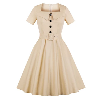 Сарафан bobby pin za žene Kvadratnom ovratnik kopča sprijeda s pojasom Rockabilly 1950-ih i Haljina kratkih rukava Džep Elegantna čvrsta vintage haljine