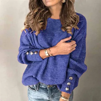 Trendi ženski ravnici veste s gumbima i rukavima pletene casual slobodan pulover Vrhovima 2021 Zimski topli kardigan Sueter Mujer A40