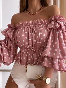 2021 Ljetnim žene Slatki Pogled Pink Grašak S po cijeloj površini ukrašen Bluzu dugih Rukava s otvorenim ramenima Višeslojni nabran Otvor za Top