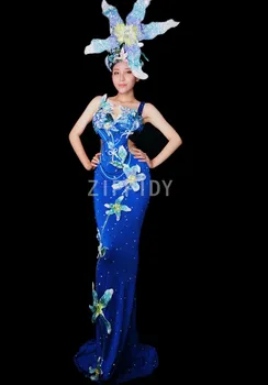 Novi cvijeće Kamenje Protežu Plava haljina Za žene Proslava rođendana Plesna haljina Pjevačica Pokazuje Haljina Seksi aplicirano Duga haljina