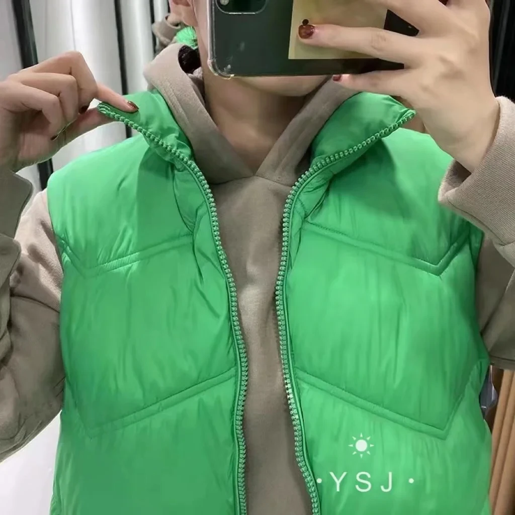 Za Ženska moda 2021, Tanka i kratka жилетка, zelena postavljena jakna, Retro, bez rukava, na munje, Ženska jakna, Casual tople moderan жилетка, top Slika  1