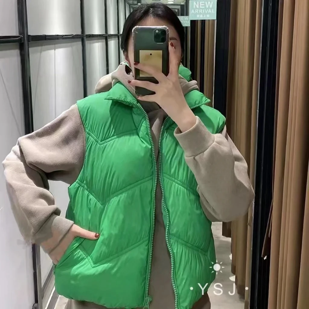 Za Ženska moda 2021, Tanka i kratka жилетка, zelena postavljena jakna, Retro, bez rukava, na munje, Ženska jakna, Casual tople moderan жилетка, top Slika  5