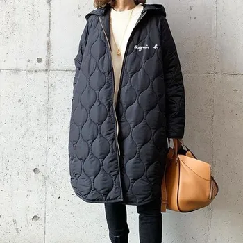Korejski moda Black prošiven kaput za žene Jesen zima s kapuljačom Негабаритная parka хлопковая jakna na obloge Svakodnevne duge ženski kaput