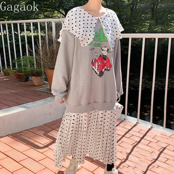 Gaganight Donje двухслойное haljina grašak s lapels, сшитое iz crtića s буквенным po cijeloj površini, 2021, Jesen-zima, korejski šik slobodan haljine
