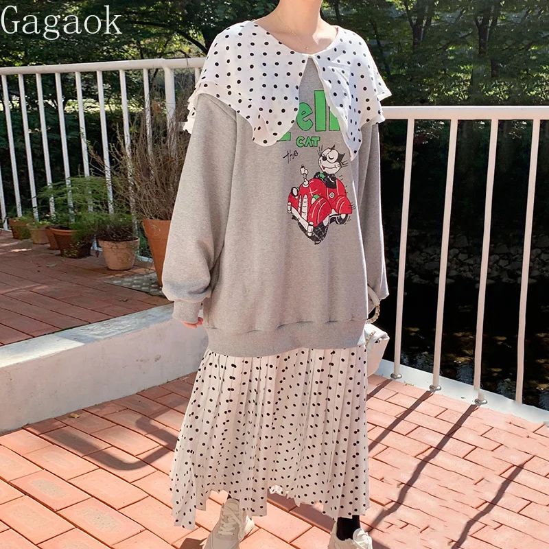 Gaganight Donje двухслойное haljina grašak s lapels, сшитое iz crtića s буквенным po cijeloj površini, 2021, Jesen-zima, korejski šik slobodan haljine Slika  0