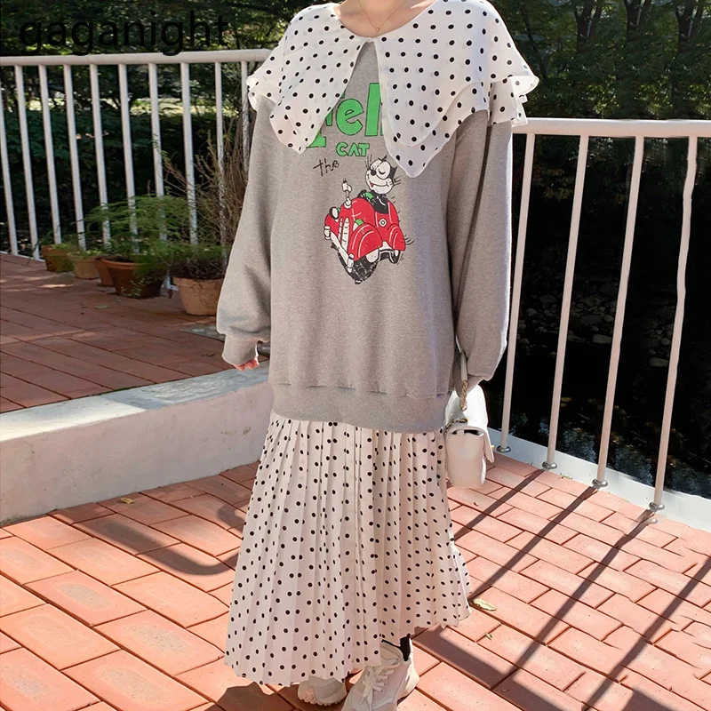 Gaganight Donje двухслойное haljina grašak s lapels, сшитое iz crtića s буквенным po cijeloj površini, 2021, Jesen-zima, korejski šik slobodan haljine Slika  1