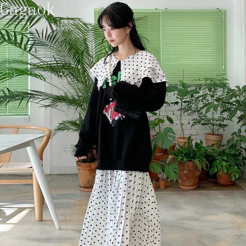 Gaganight Donje двухслойное haljina grašak s lapels, сшитое iz crtića s буквенным po cijeloj površini, 2021, Jesen-zima, korejski šik slobodan haljine Slika  5