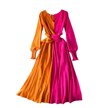 2021 jesen novi obalni odmor na plaži veliki haljina-ljuljačka dugih rukava i V-izrez, suptilna narancasta+rose šarenilo elegantna haljina S-2XL