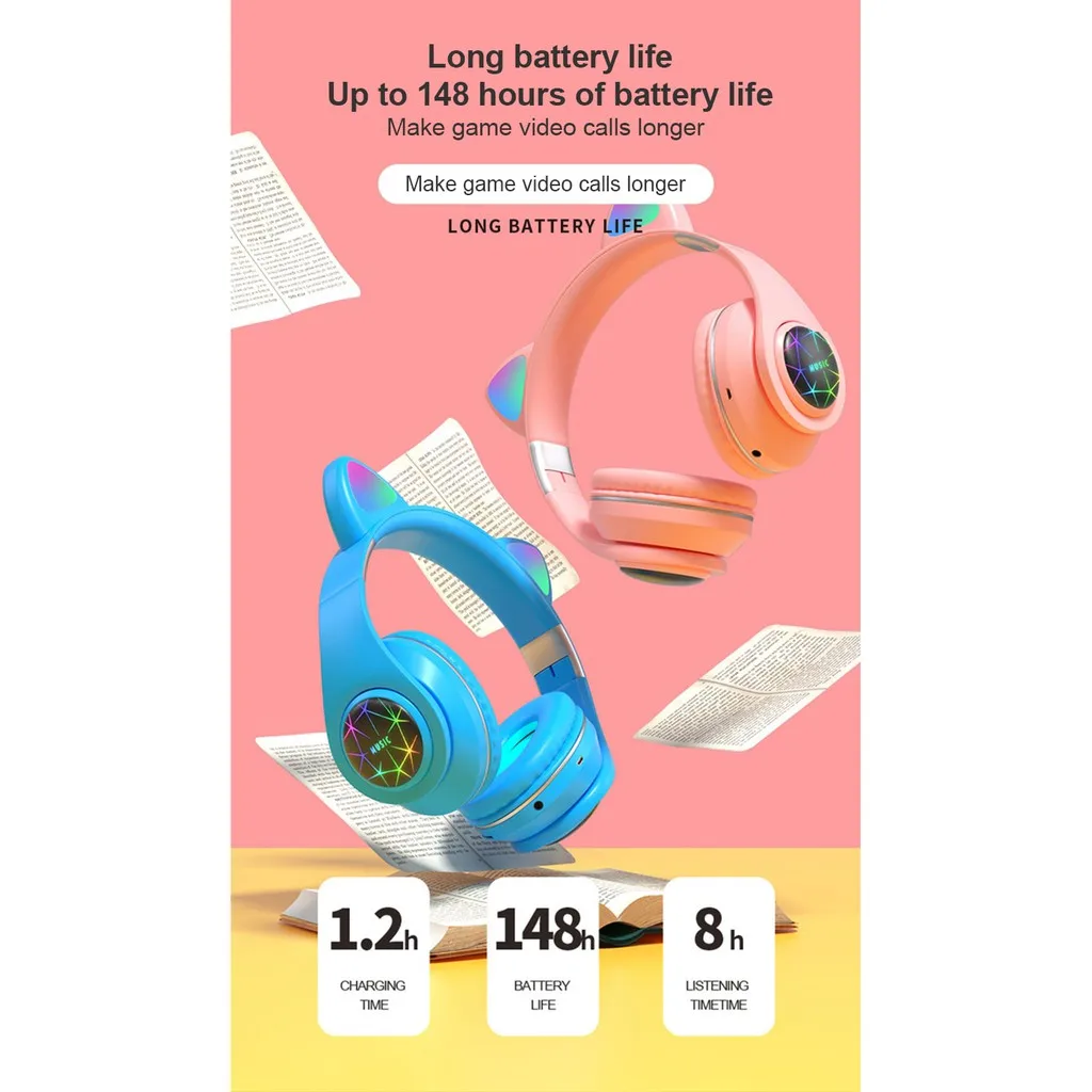 Slušalice Mačka S Mikrofonom Bluetooth 5.0 Bez Buke RGB Slušalice Igra Odrasli, Djeca djevojka Podržava TF kartice FM-radio Slika  1