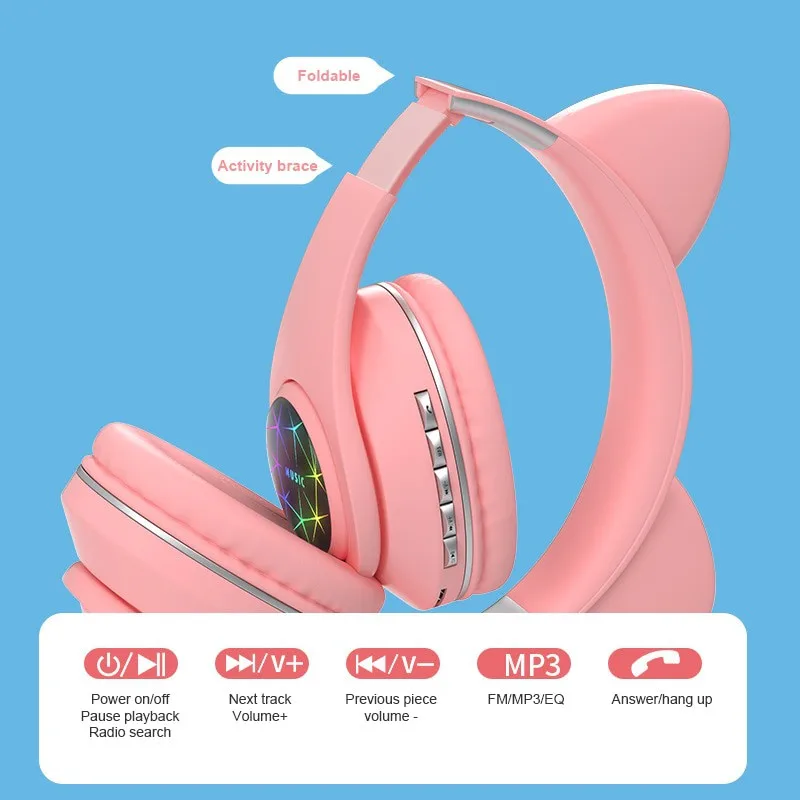 Slušalice Mačka S Mikrofonom Bluetooth 5.0 Bez Buke RGB Slušalice Igra Odrasli, Djeca djevojka Podržava TF kartice FM-radio Slika  4
