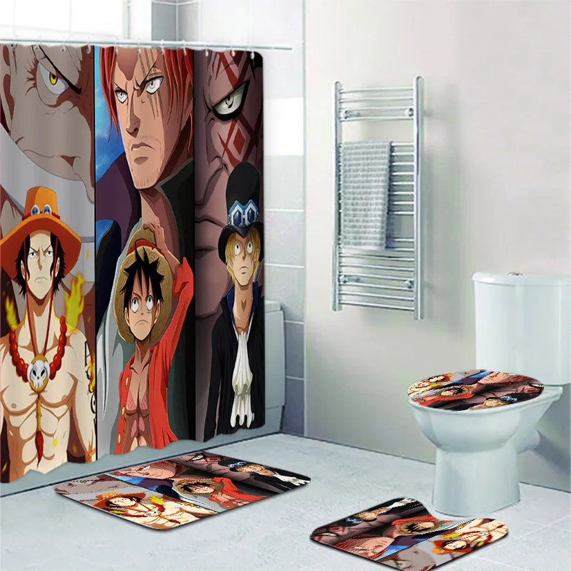 Novi Anime One Piece Tri Brata Kolaž Zavjese za kupaonski Set Helikopter Luffy Zavjese za tuširanje za dječake Pribor za wc Dekor Slika  3