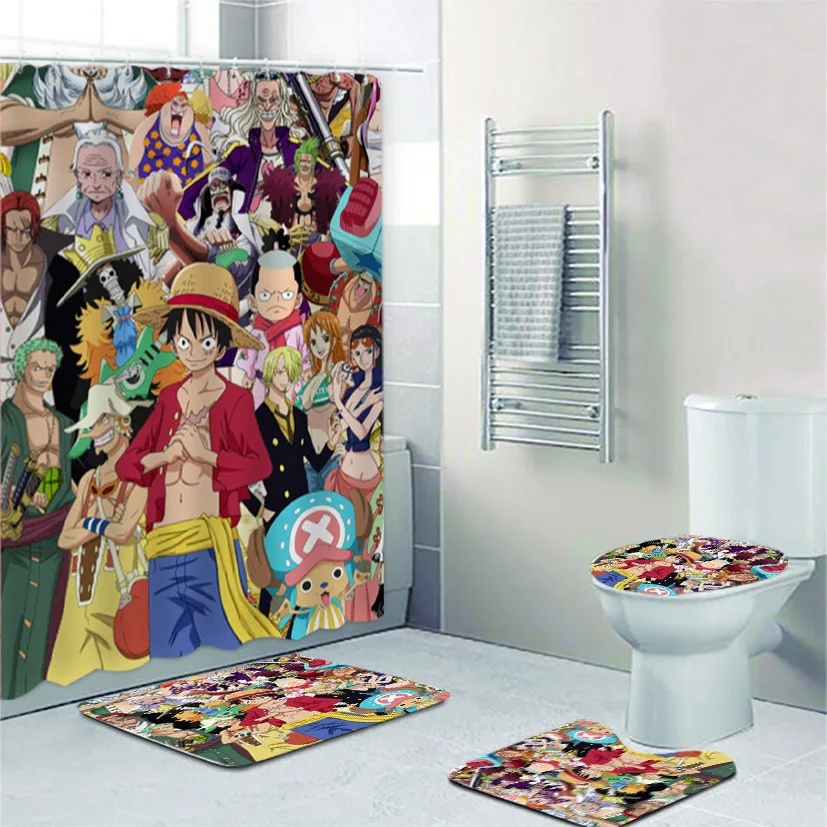 Novi Anime One Piece Tri Brata Kolaž Zavjese za kupaonski Set Helikopter Luffy Zavjese za tuširanje za dječake Pribor za wc Dekor Slika  4