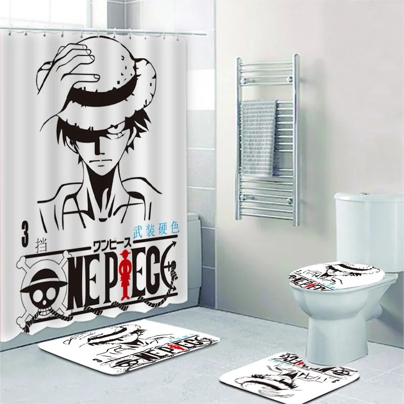 Novi Anime One Piece Tri Brata Kolaž Zavjese za kupaonski Set Helikopter Luffy Zavjese za tuširanje za dječake Pribor za wc Dekor Slika  5