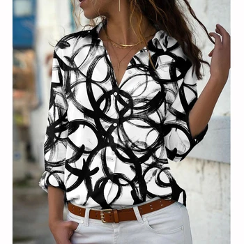 Jesen 2021 Ženska moda Elegantne bluze Svakodnevni bluzu s geometrijskim po cijeloj površini na zakopčane Ured lady Негабаритная košulja Top Ženska odjeća