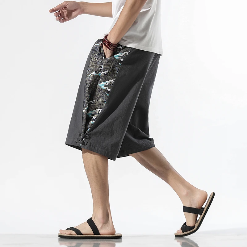 2022 Ljetne muške pamučne lanene hlače Free Muški dužine do koljena Plaža kratke u kineskom stilu Prozračna Muške Modne vanjska odjeća Slika  2